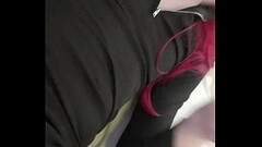 Redheaded trans in tight black dress lifts skirt to show red underwear and big anal plug inside ass fingering and big girldick Thumb