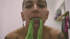 Short tattooed girl with green hair does a hot striptease! Thumb
