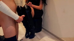 Dominatrix Nika tied her slave'_s balls and dick with a thin rope, made him jerk off and suck his strapon, and then put him in a doggy position and kicked him in the ass. Hot femdom. Thumb