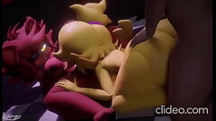 Lucky man having fun with Chica and Foxy Thumb
