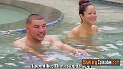 Petite swinger brunette is getting her pussy licked at a wild pool party! Thumb